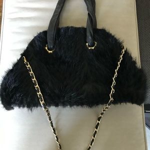 Real Mink and leather black satchel bag.
